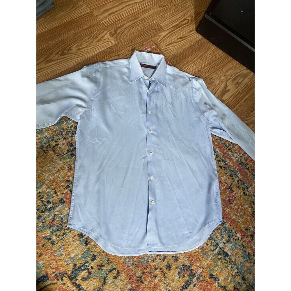 Perry Ellis Button Down Long Sleeve 100% Cotton Size Large Light Blue Pinstripes